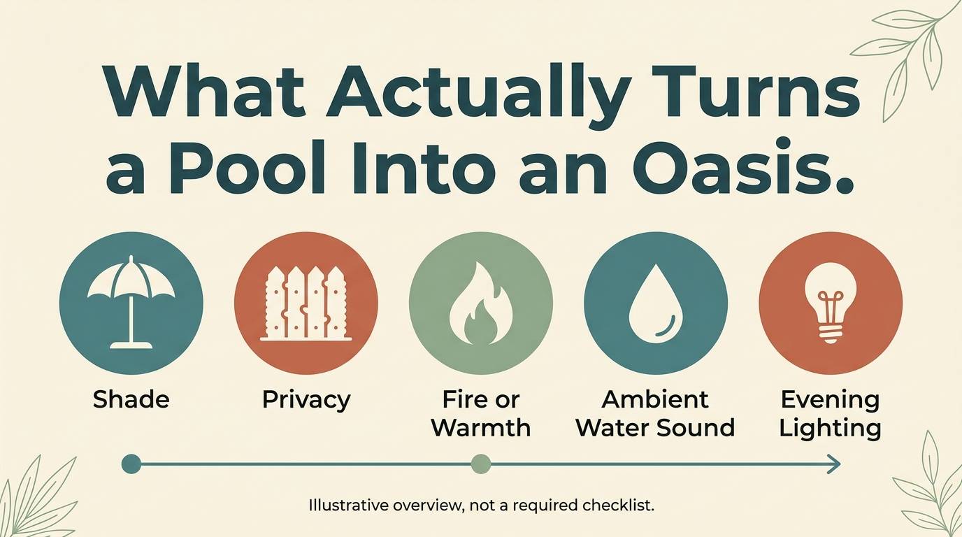 Colorful infographic showing the key elements that turn a pool into an oasis