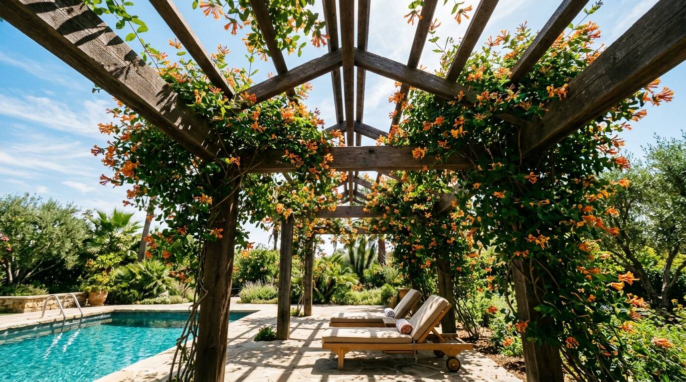 Solid-roof pavilion with lounge seating beside a backyard pool