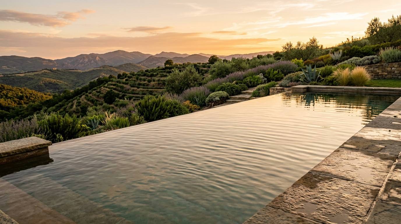 Landscaping and grading creating a disappearing edge effect beyond a pool