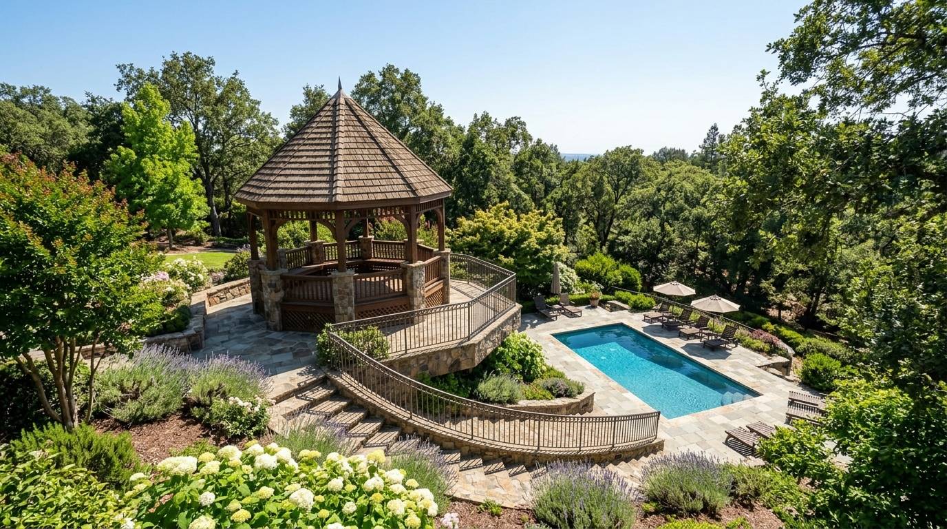 Elevated gazebo structure positioned above a backyard pool on a slope