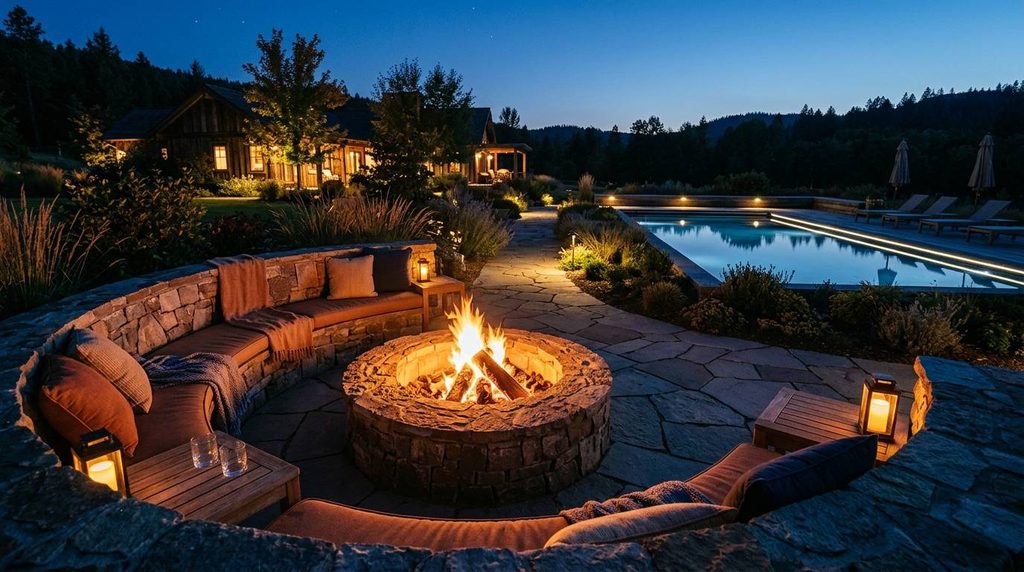 Stone fire pit seating area positioned away from a backyard pool