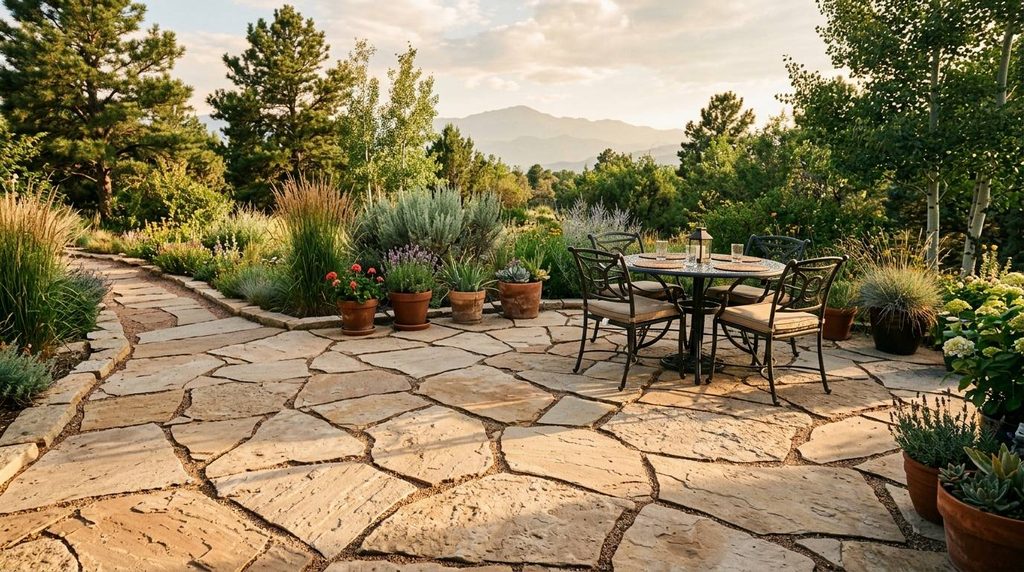Irregular buff flagstone patio with garden furniture at golden hour