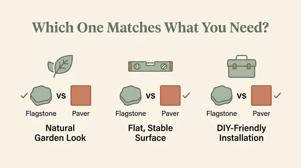 Icon infographic guiding homeowners between flagstone and paver patio options