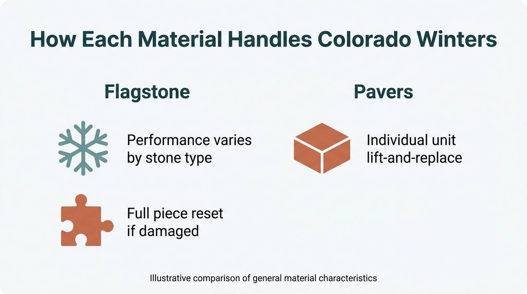 Infographic comparing freeze-thaw resilience and repairability of flagstone and pavers