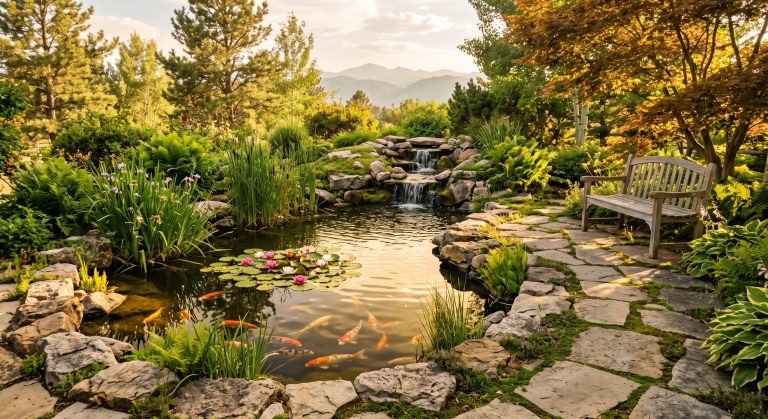Koi pond with rock waterfall and patio seating in Colorado backyard
