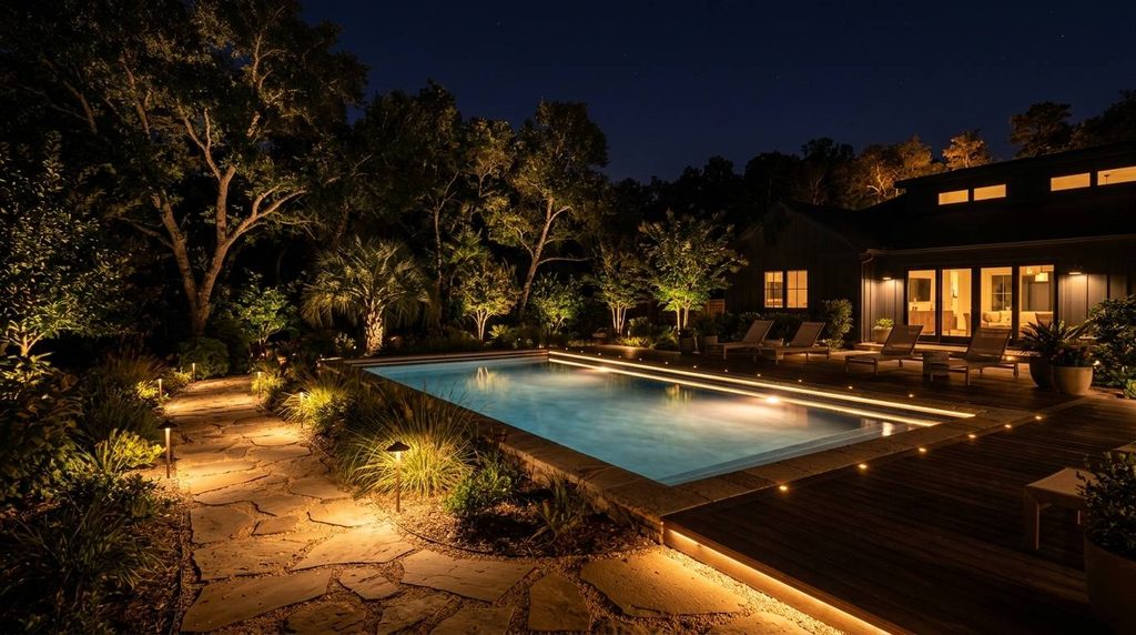 Layered path, tree, and deck lighting illuminating a backyard pool at night