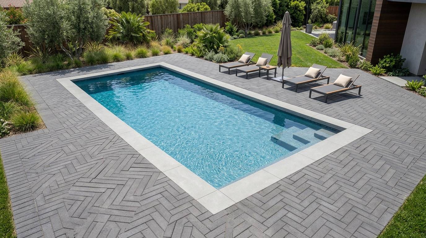 Charcoal concrete pavers in a herringbone pattern around a modern pool