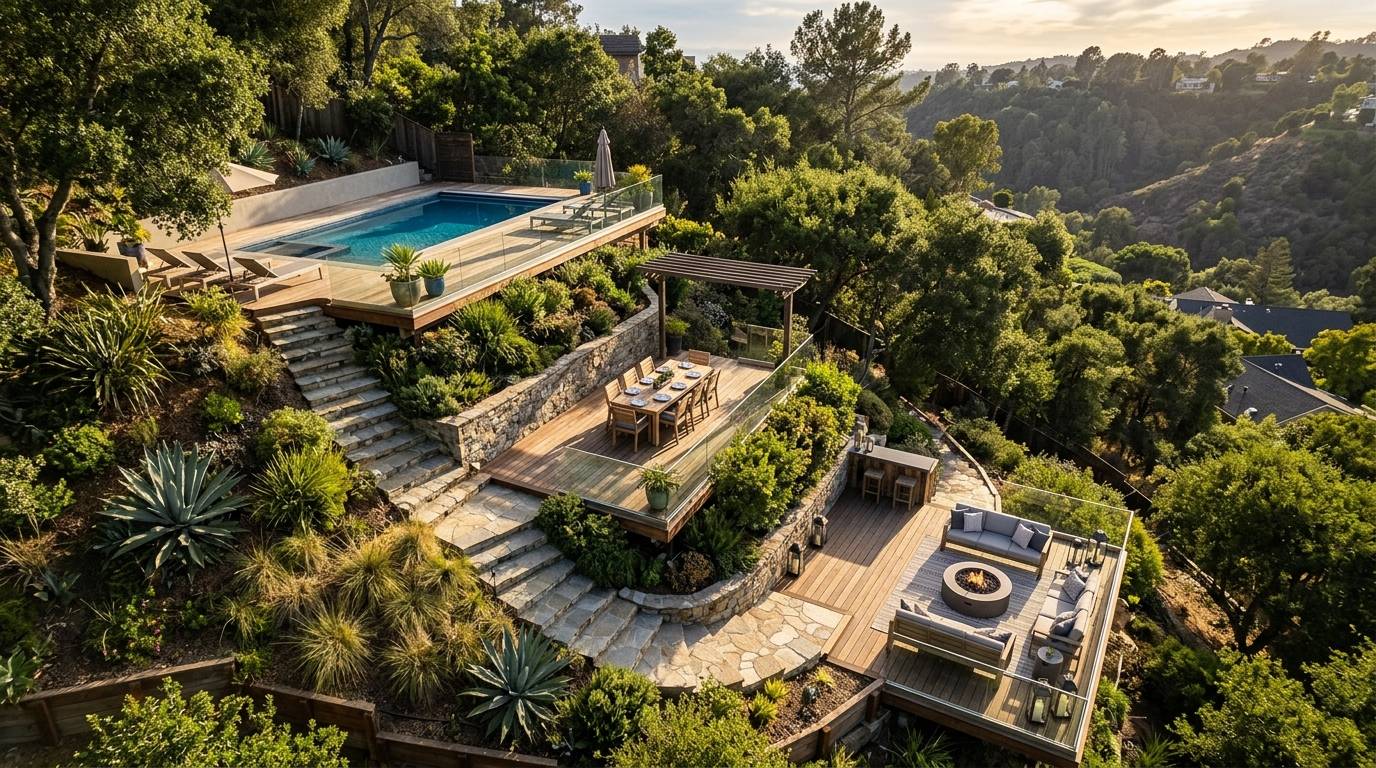 Multiple terraced deck levels stepping down a hillside pool backyard