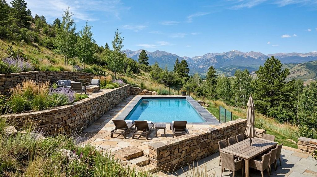 Terraced stone retaining walls creating levels around a hillside pool