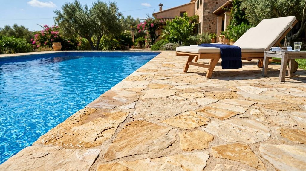 Irregular buff flagstone deck surrounding a backyard swimming pool