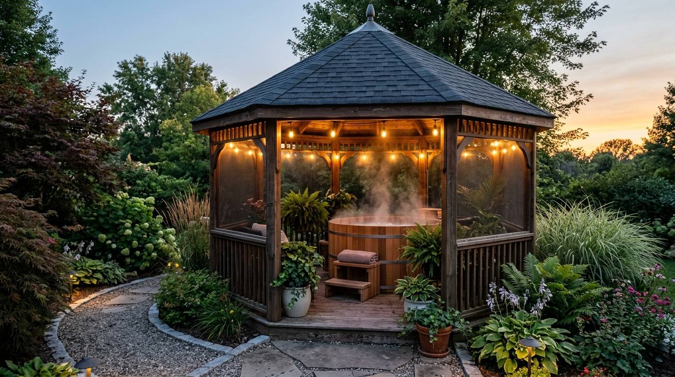 Octagonal solid-roof gazebo with hot tub in a landscaped backyard
