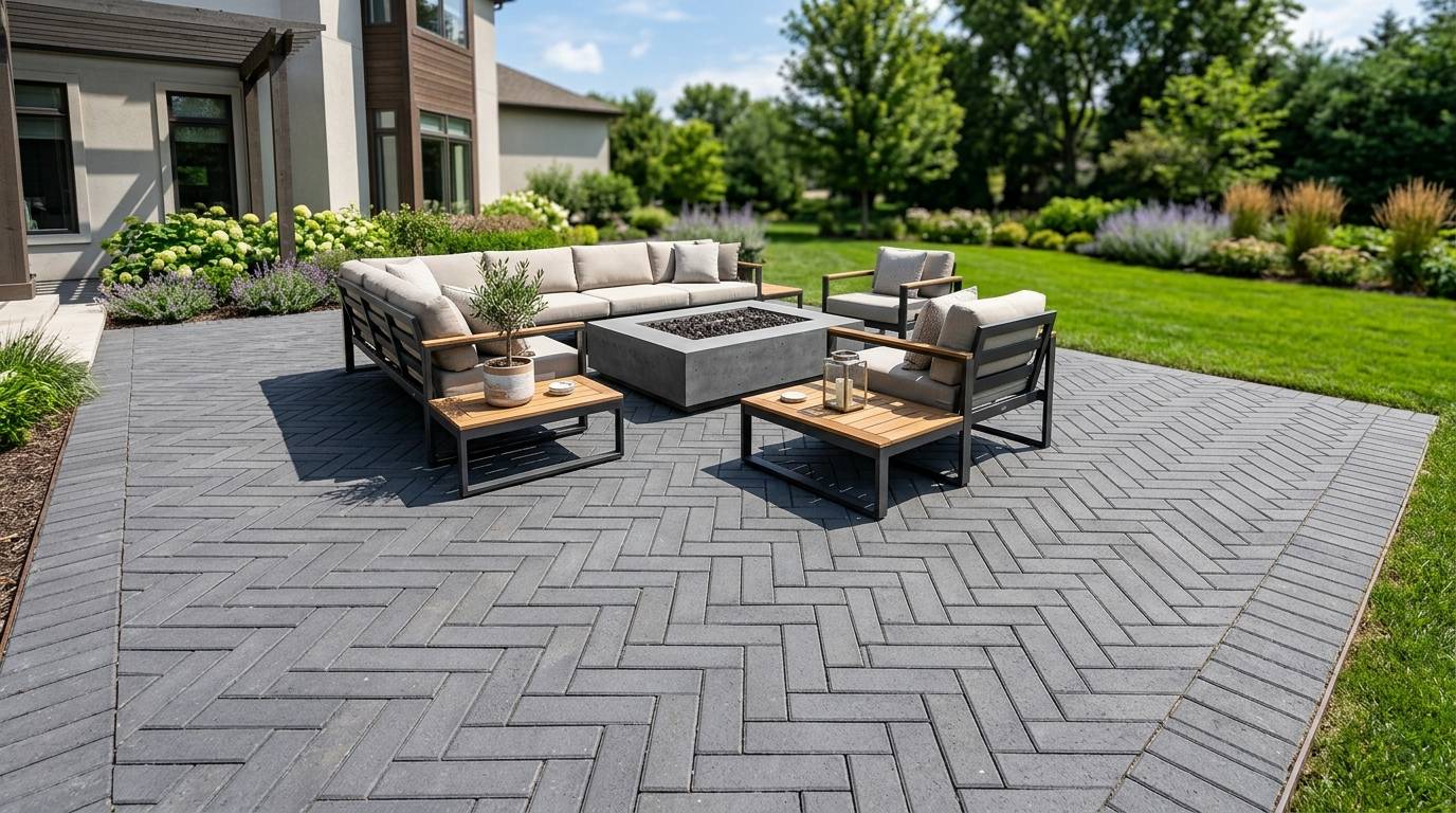 Uniform gray paver patio with modern outdoor furniture and fire pit