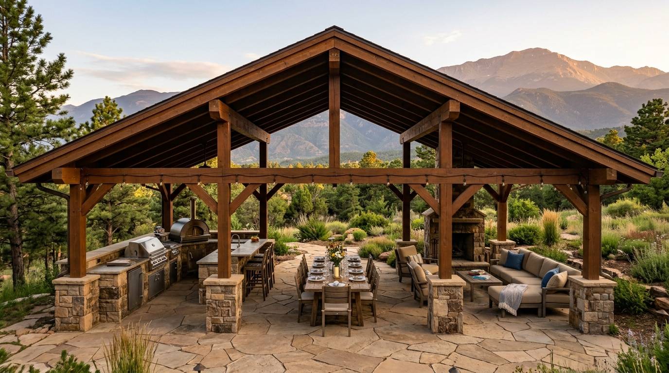 Large open-sided pavilion with outdoor kitchen in a Colorado backyard