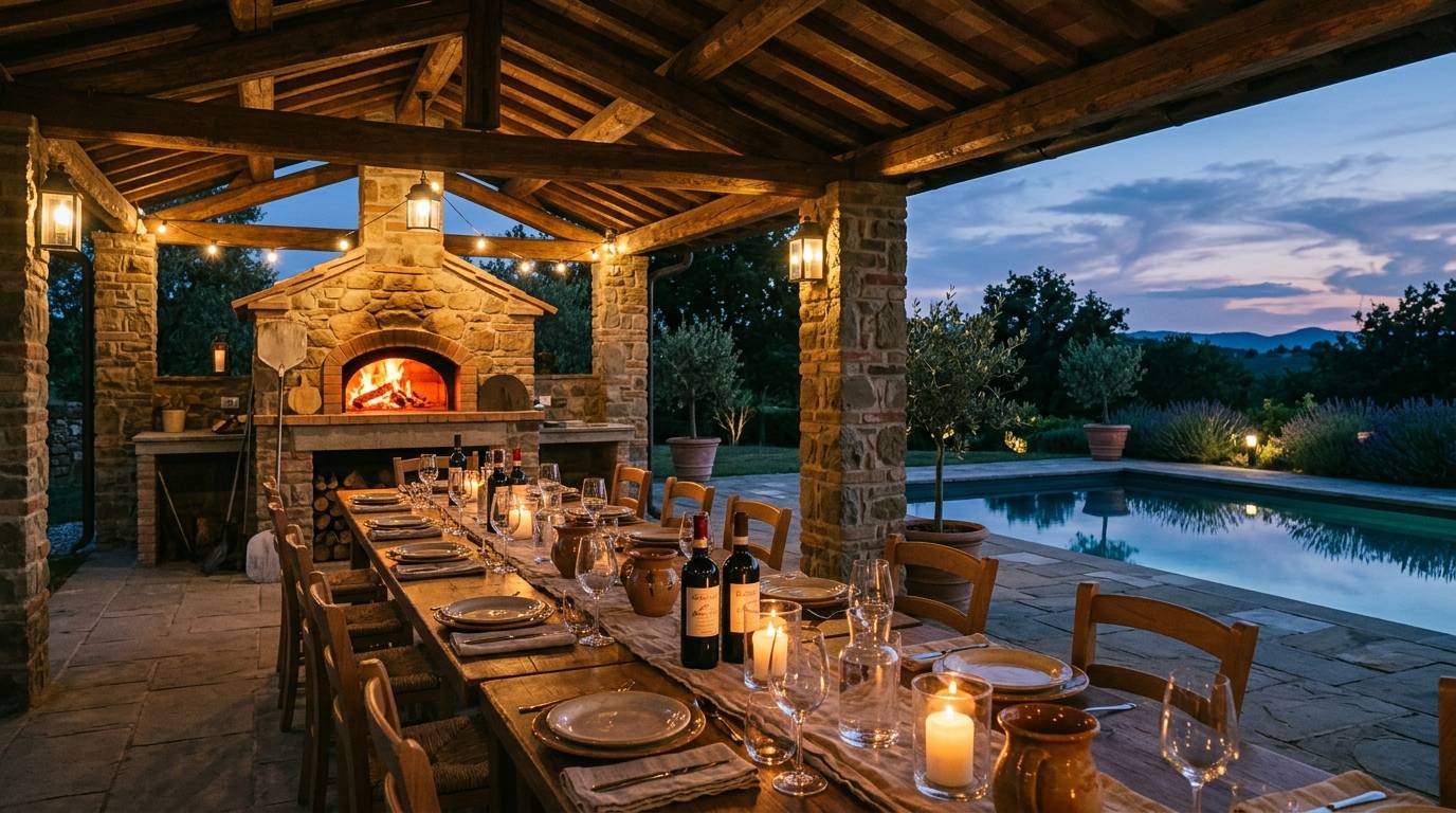 Stone pizza oven under a covered pavilion near a backyard pool