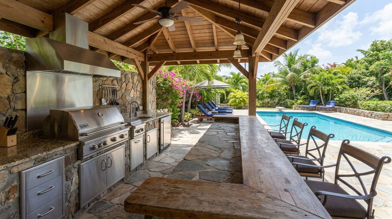 Outdoor kitchen and bar counter positioned within view of a pool