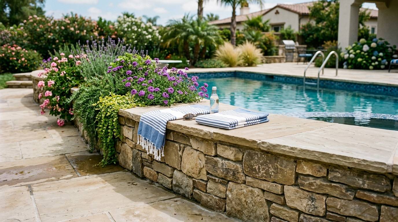 Low stone planter walls doubling as seating on a pool deck