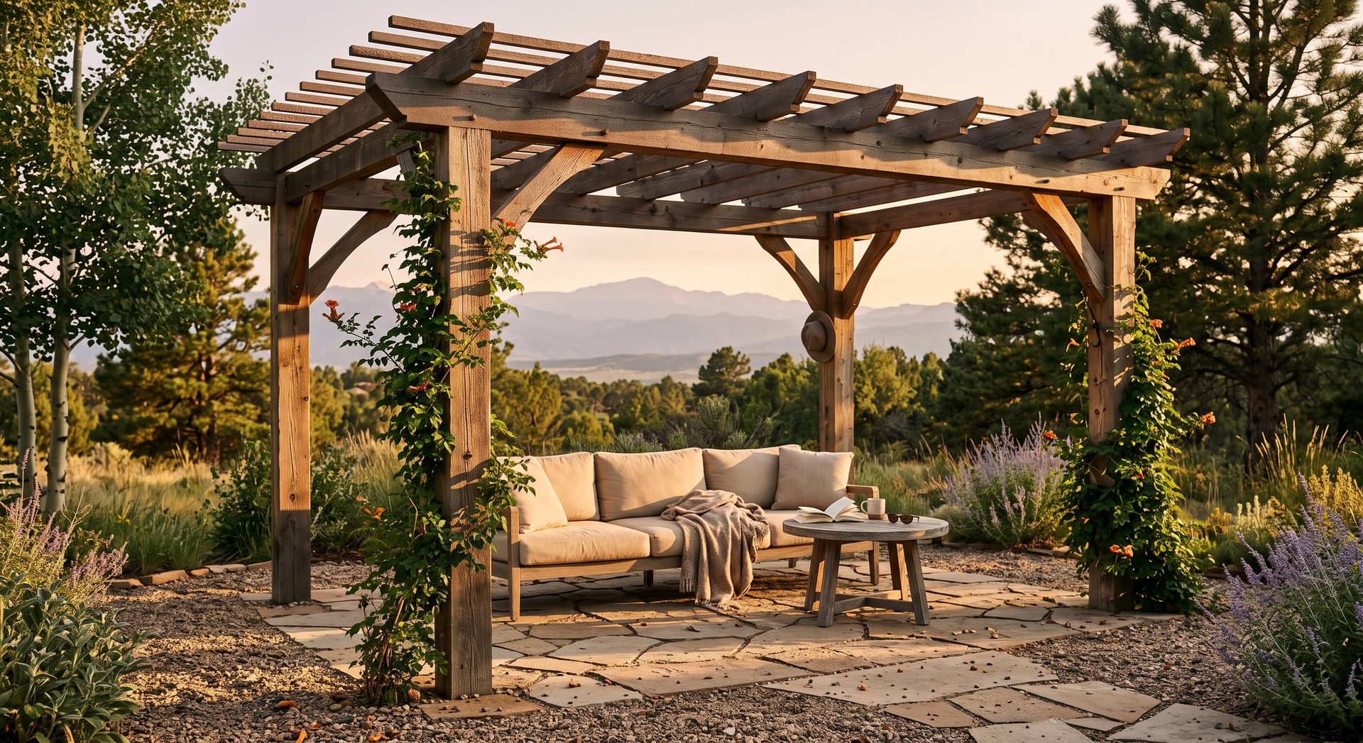 Freestanding wood pergola with climbing vines over Colorado Springs patio seating