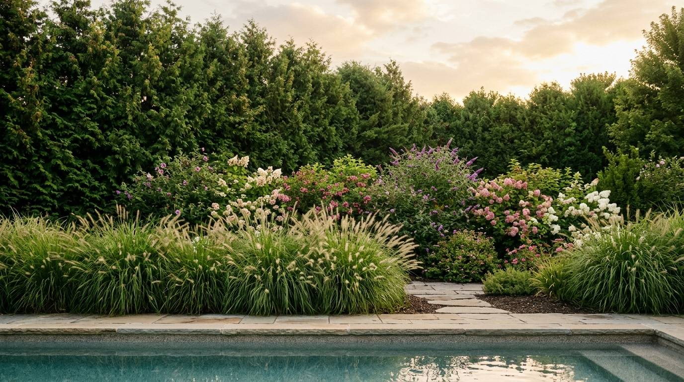Layered tall grasses and evergreen trees screening a backyard pool