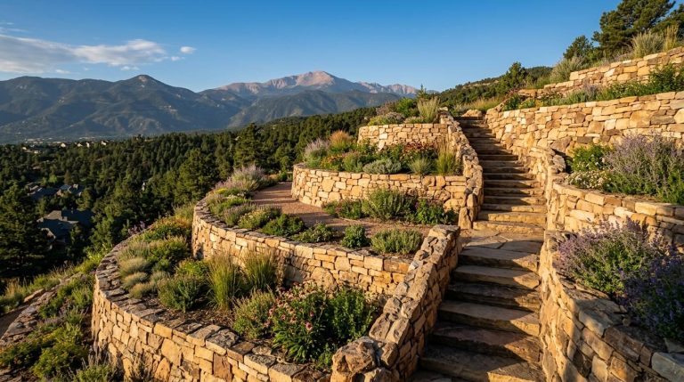 Multi-tiered stone retaining wall terracing a Colorado Springs hillside backyard