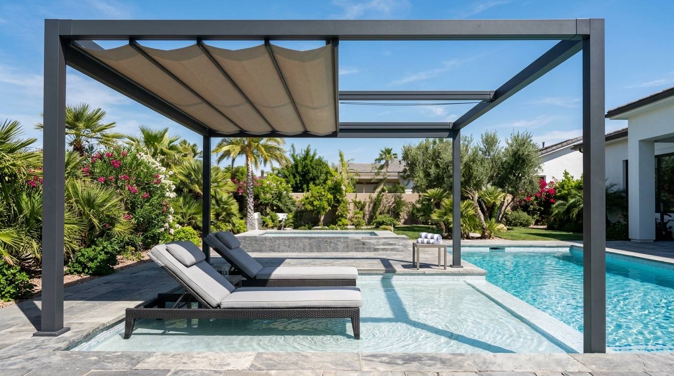 Pergola with retractable canopy shading a pool's sun shelf area