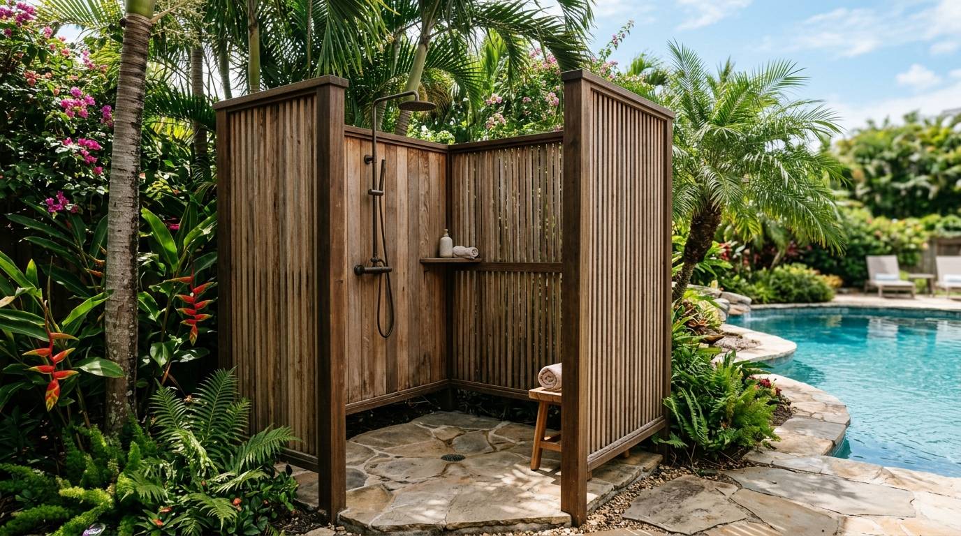 Private wood-screened outdoor shower structure near a backyard pool
