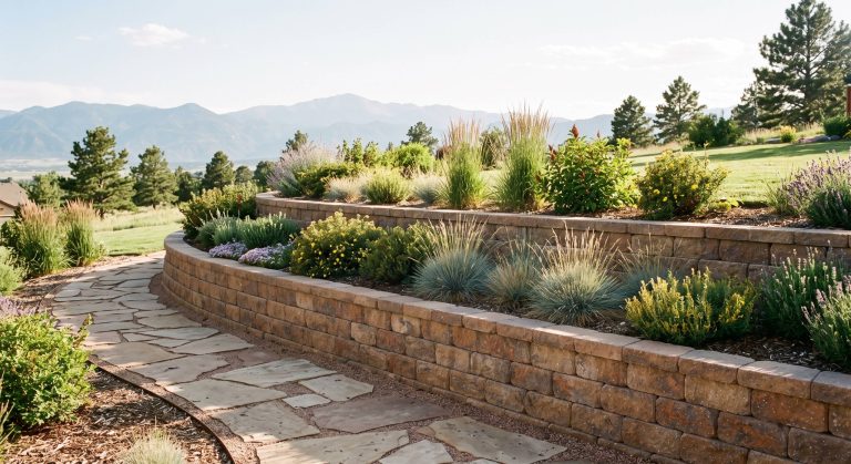 Terraced segmental block retaining wall with planted beds in Colorado backyard