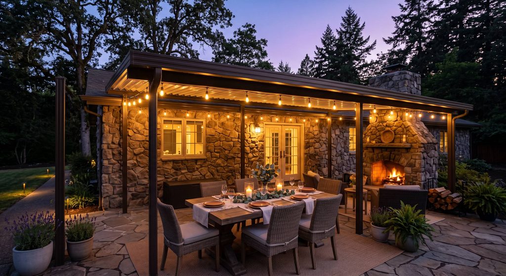 Solid aluminum patio cover shading outdoor dining table at dusk