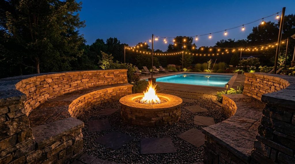 Stone seating wall with a built-in fire feature near a backyard pool