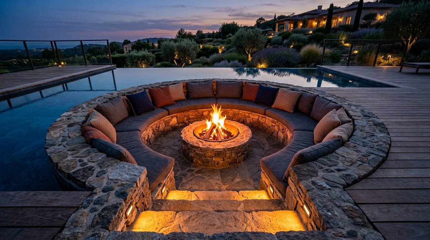 Recessed seating area with a central fire feature near a backyard pool