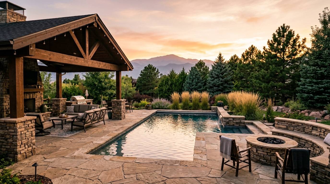 Wood pergola covered in climbing vines shading a poolside lounge area
