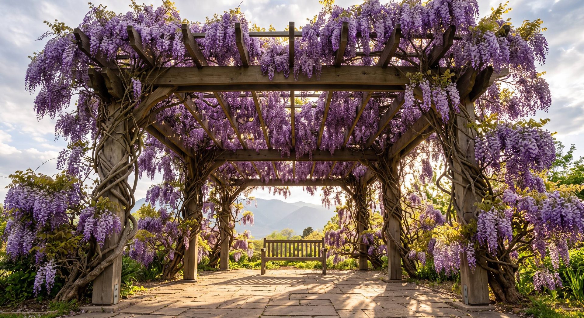 Mature wisteria cascading over a wood pergola in a Colorado backyard