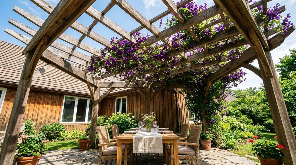 Wood pergola with climbing vines shading an outdoor dining patio