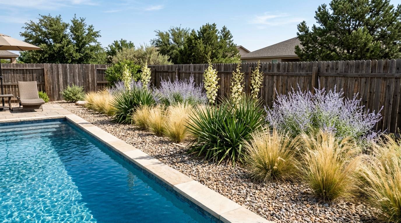 Drought-tolerant native plant border framing the edge of a backyard pool
