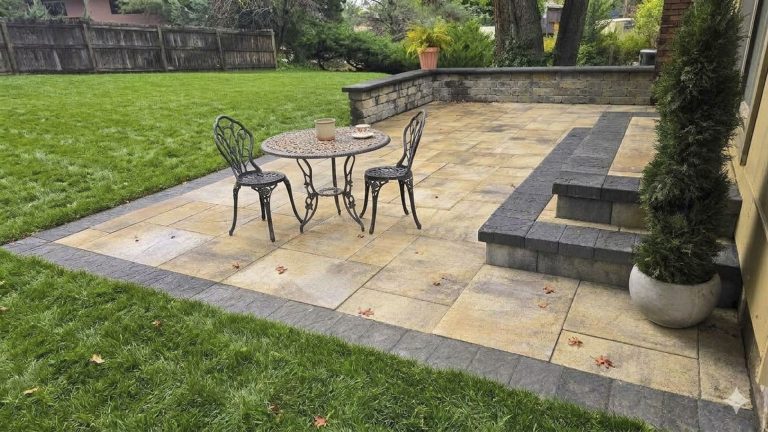 Paved patio with outdoor furniture and raised garden beds in a residential backyard