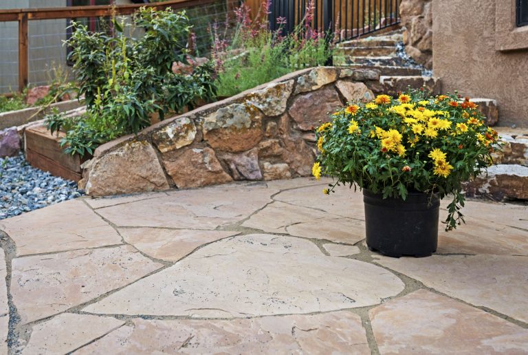 Patio with flagstone pavers, potted yellow flowers, stone retaining wall, and residential landscaping